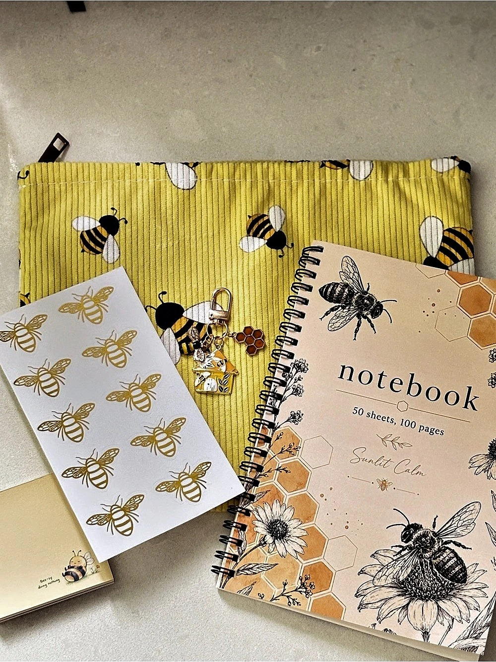 Bee Stationery Bundle – Notebook, Pouch, Keychain, Stickers & Memo Pad